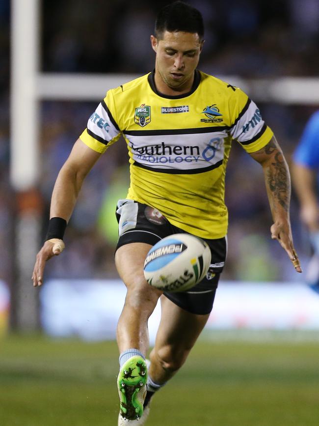 Gerard Beale in a fluoro yellow Sharks kit in 2015. Picture: AAP Image/Craig Golding