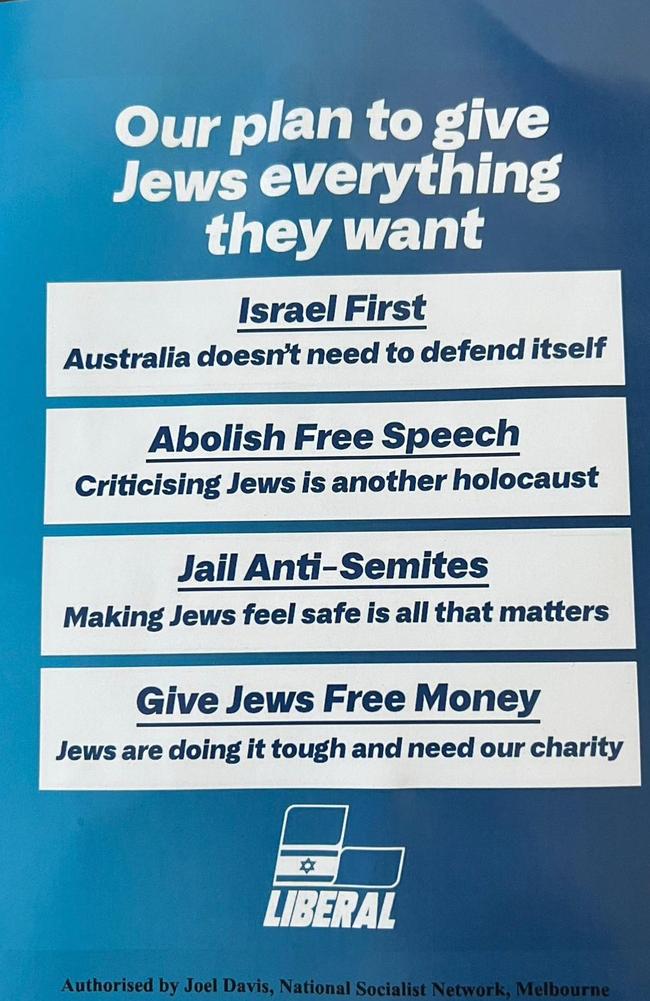 The flyers displayed an altered Liberal Party logo with the Israeli flag inserted within the design. Picture: Supplied