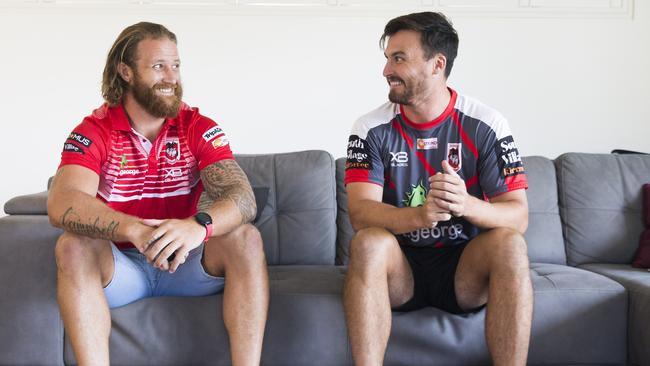 Dragon's NRL player Korbin Sims with new recruit Lachlan Maranta on their lounge in Unanderra, Wollongong. Picture: Dylan Robinson