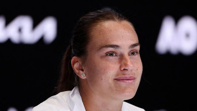 This hand out picture released by the Tennis Australia on January 10, 2025 shows Belarus' Aryna Sabalenka speaks at a press conference ahead of the Australian Open tennis tournament in Melbourne. (Photo by MORGAN HANCOCK / TENNIS AUSTRALIA / AFP) / ----EDITORS NOTE ----RESTRICTED TO EDITORIAL USE MANDATORY CREDIT "AFP PHOTO / TENNIS AUSTRALIA/ MORGAN HANCOCK â NO MARKETING NO ADVERTISING CAMPAIGNS - DISTRIBUTED AS A SERVICE TO CLIENTS