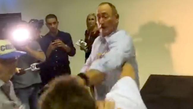 Outspoken Queensland senator Fraser Anning reacts to being ‘egged’ by a teenager at a function in Melbourne on Saturday. Picture: Facebook