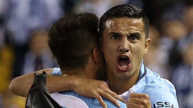 Tim Cahill celebrates his goal.