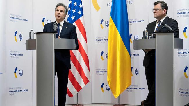 Ukrainian Foreign Minister Dmytro Kuleba, right, and US Secretary of State Antony Blinken give a press conference following their meeting at the Ministry of Foreign Affairs in Kiev. Picture: AFP