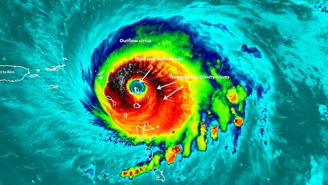 In a unique image, NASA-NOAA’s Suomi NPP satellite passed over Hurricane Irma when the island of Barbuda was in the center of the storm’s eye. Picture: NASA/NOAA/UWM-CIMSS, William Straka III