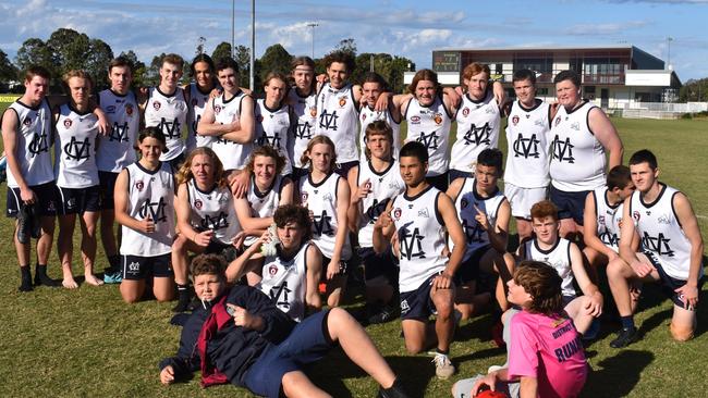 Mountain Creek State High's senior boys team celebrate winning the Sunshine Coast round of the AFLQ Secondary Schools Cup.