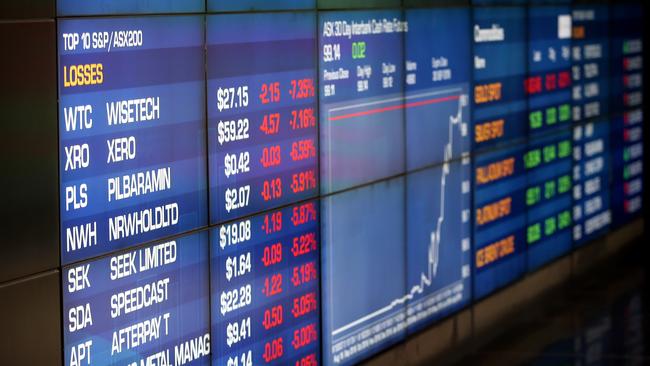 A sea of red at the ASX in Sydney as the Aussie dollar plunges to a 10-year low and $86 billion was wiped from the value of shares. Picture: Richard Dobson