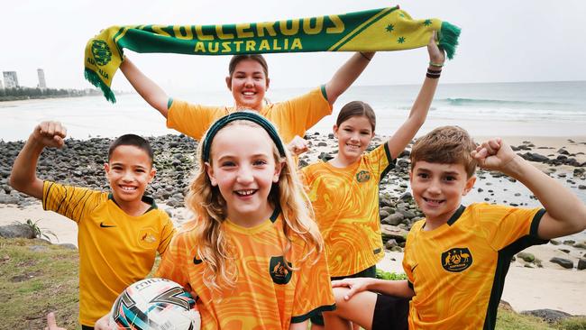 The Socceroos will be announcing a World Cup qualifier will be held on the Gold Coast later this week. Ready to cheer them on will be local juniors from left: Duke Ablang, Elena Bresic, Roukaya Al-Kahil, Valentina Ablang, Onika Mackintosh, Junaid Al-Kahil. Picture Glenn Hampson