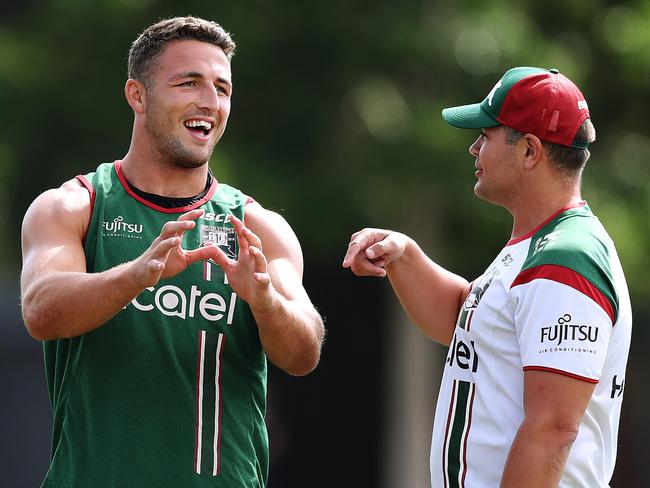 Rabbitohs star Sam Burgess has a laugh with coach Anthony Seibold. Picture: Brett Costello