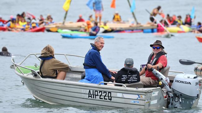 Environmentalist Bob Brown rides in a boat during the blockade. Picture: Max Mason-Hubers