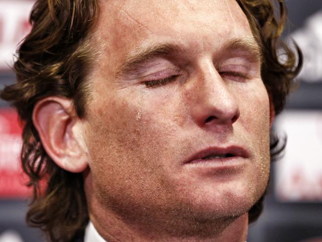 James Hird sheds a tear during his farewell press conference. Picture: Michael Klein