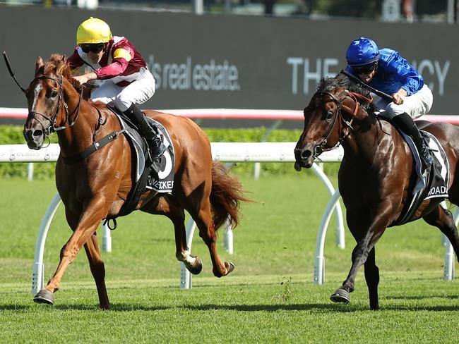 SYDNEY, AUSTRALIA - MARCH 08: Zac Lloyd riding Linebacker win Race 7 The Agency Randwick Guineas during Sydney Racing at Royal Randwick Racecourse on March 08, 2025 in Sydney, Australia. (Photo by Jeremy Ng/Getty Images)