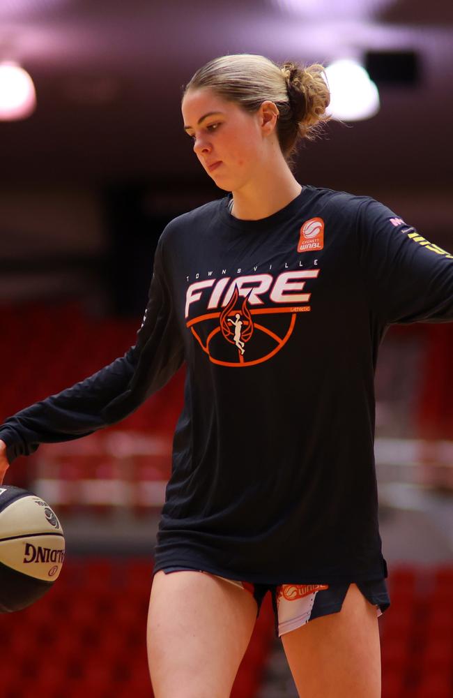 Saffron Shiels of the Fire warms up before the WNBL match between Perth Lynx and Townsville Fire at Bendat Basketball Stadium, on November 25, 2023, in Perth, Australia. (Photo by James Worsfold/Getty Images)