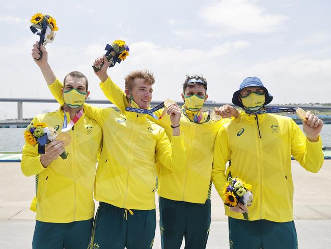 Australia’s Alexander Purnell, Spencer Turrin, Jack Hargreaves and Alexander Hill win Gold in the final of the Mens Fours at the Tokyo Olympics. Picture: Alex Coppel.