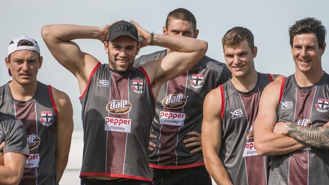 Paddy McCartin (second from left) at Saints training at St Kilda beach this month. Picture: Jason Edwards