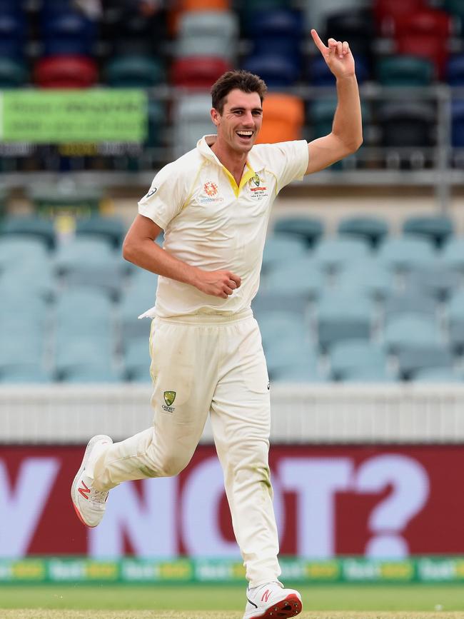 Australia's Pat Cummins celebrates his wicket. Picture: AFP