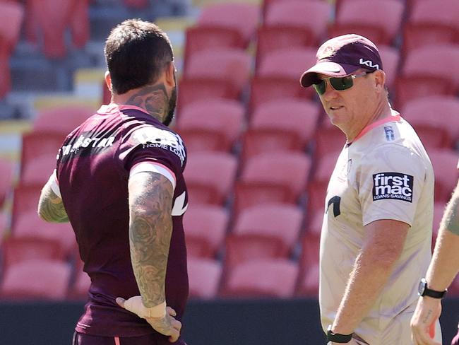 Adam Reynolds and Kevin Walters at a Broncos training session. Picture: Liam Kidston