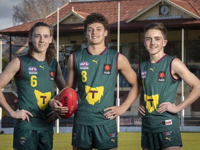Tasmania Devils footballers (L-R) Connor Ling, Blake Harper, and Liam Ling at North Hobart. Picture: Chris Kidd