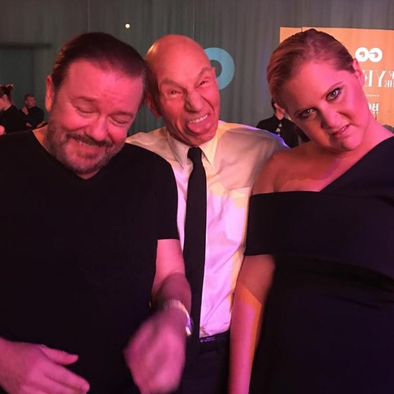 Ricky Gervais, Patrick Stewart and Amy Schumer at the GQ Men Of The Year Awards 2016 in London. Picture: Instagram