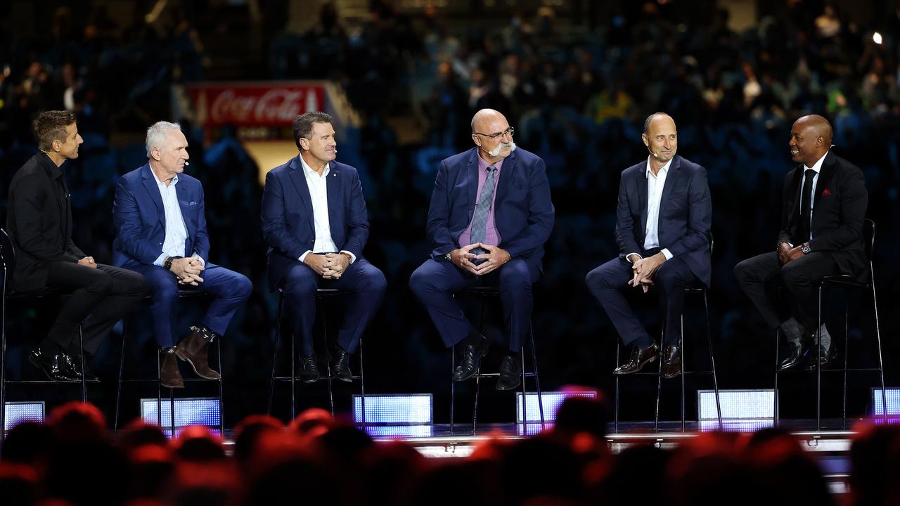 State Memorial Service for Shane Warne at the MCG. Panel with Mark Howard, Mark Taylor, Allan Border, Merv Hughes, Nasser Hussain and Brian Lara. Picture: Mark Stewart