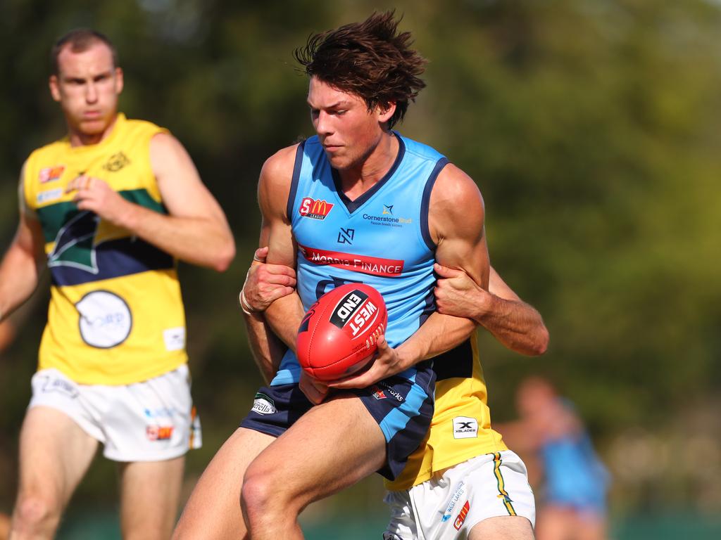 6.5.2018.SANFL: Sturt v Eagles at Unley Oval.Eagles Christopher Hall tackles Sturt's Hugo Munn.  PIC:TAIT SCHMAAL.