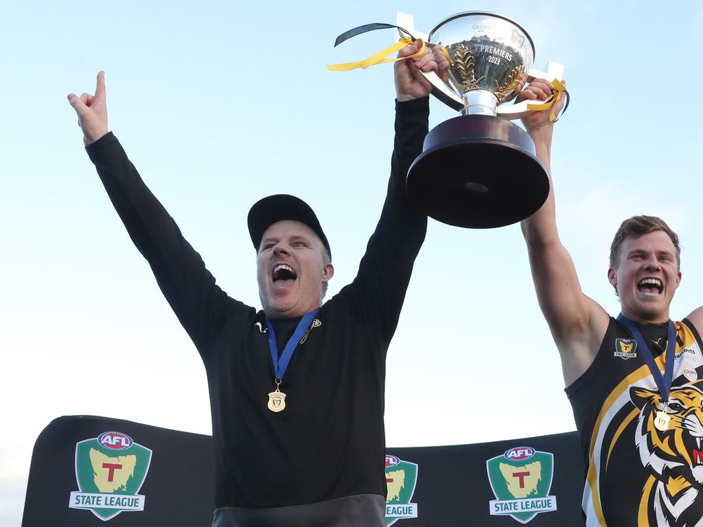 Trent Baumeler coach and Lachie Clifford captain of Tigers with premiership cup. TSL grand final Kingborough Tigers V North Launceston. Picture: Nikki Davis-Jones