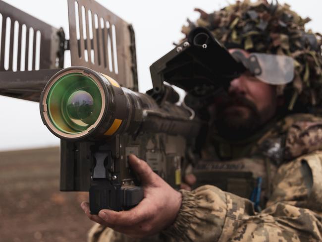 A machine gunner of the 118th Separate Mechanised Brigade’s firing team holds a FIM-92 Stinger is an American man-portable air-defence system in Zaporizhzhia, Ukraine. Picture: Getty Images