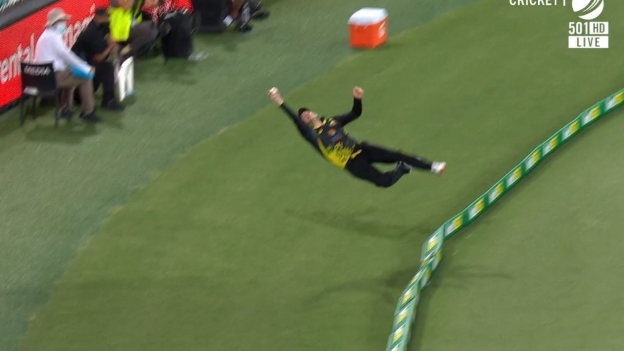 Steve Smith crashed to the turf trying to save this six.