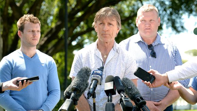 Trainer Glenn Rushton speaks to the media flanked by Jeff Horn and Dean Lonergan. Picture: Bradley Kanaris/Getty Images