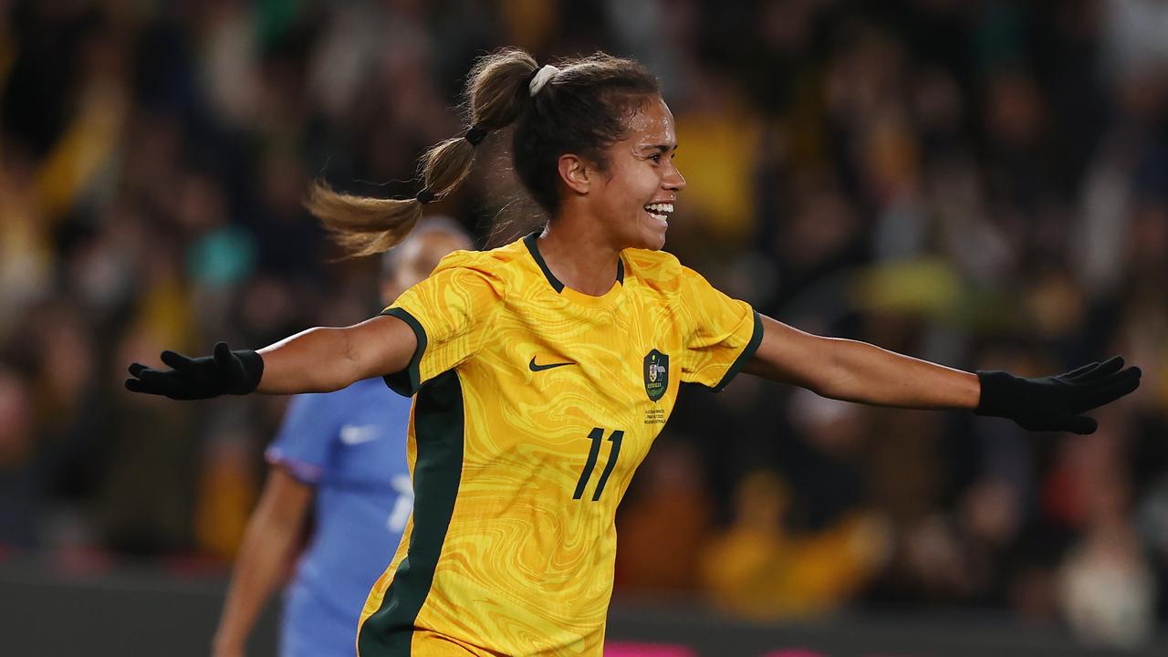 Mary Fowler after scoring putting the Matildas 1-0 up during the friendly between Australia and France