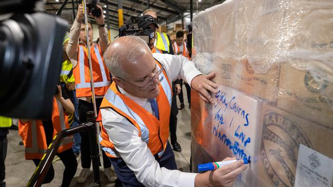 Prime Minister Scott Morrison visits Kiwanda Cafe and Zarraffa Coffee Roasters in the electorate of Forde in Eagleby near Brisbane. Picture: Jason Edwards