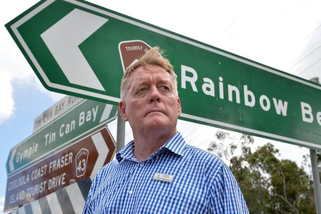 DEVASTATING: Tin Can Bay father and businessman Ian Window has been confirmed as the victim of a devastating collision at the Rainbow Beach turn-off on Saturday morning. Councillor Mark McDonald inspects the intersection where the collision occured.Photo Patrick Woods / Gympie Times. Picture: Patrick Woods