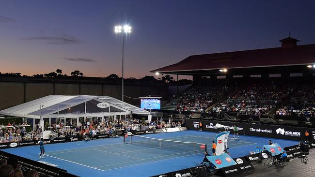 The modest facilities at Memorial Drive laid bare as Gael Monfils takes on Thanasi Kokkinakis at the World Tennis Challenge on Monday. Picture: Daniel Kalisz/Getty Images