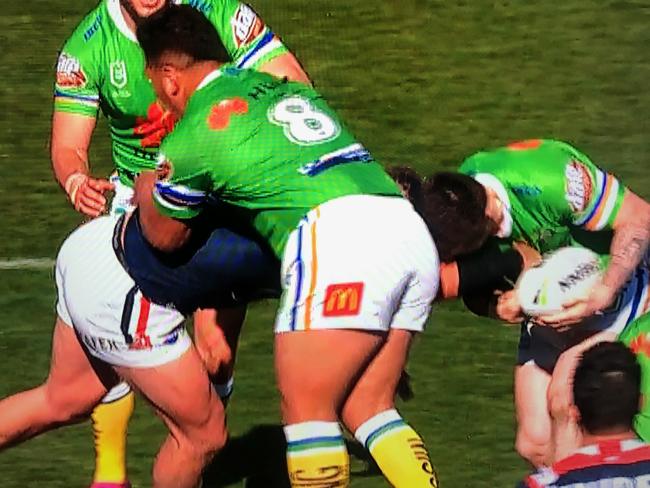 Canberra's John Bateman strip the ball against the Sydney Roosters. Credit: Fox Sports