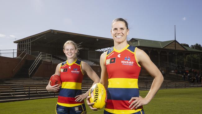 Crows AFLW players Brooke Tonon and captain Chelsea Randall at the club’s proposed new headquarters at Thebarton. Picture: Simon Cross