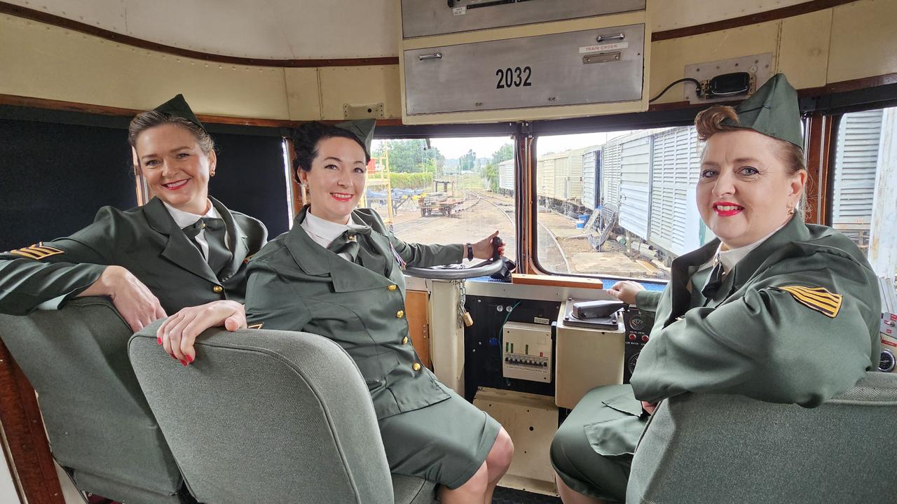 Toowoomba vocal trio The Gowrie Gals, made up of Sara Hales, Bronwyn Blanck and Ebony Rosier, are performing on DownsSteam Railway's Commissioner railcar on its trip to Clifton as part of 1940s-style event on November 22.