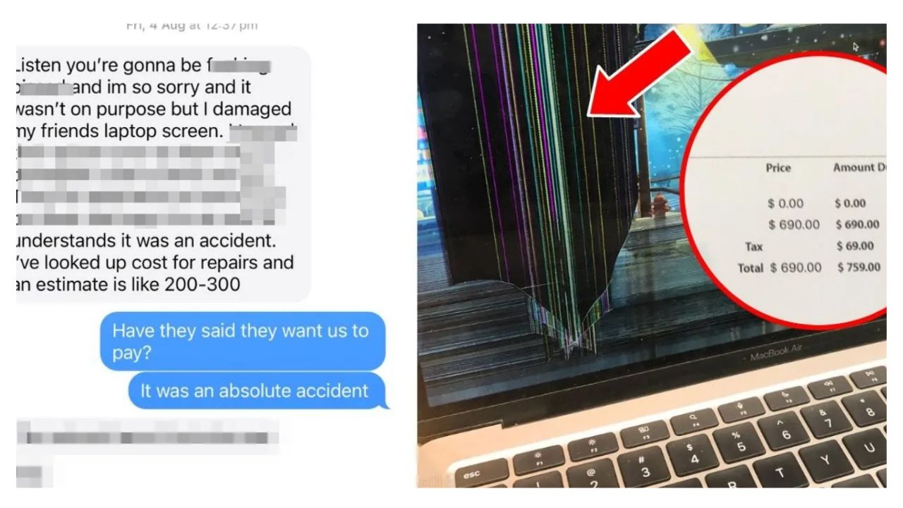 Texts between the mum and son, the damage to the laptop, and the invoice. Image: Supplied