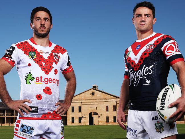 Ben Hunt of the St. George-Illawarra Dragons and Cooper Cronk of the Sydney Roosters at Sydney's army barracks ahead of their first ANZAC Day match at Allianz Stadium. Picture. Phil Hillyard