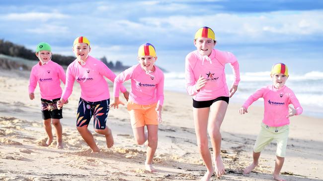 Kawana Surf Club nippers Vincent Carter, 8, Brandon Carter, 11, Cillian Naughton, 10, Katelyn Naughton, 12, and Callan Naughton, 7. Picture: Patrick Woods.