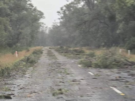 Destructive winds in the southwest region overnight has left a wake of debris on a rural road near Inglewood. Photo: Facebook/Goondiwindi Notice Board