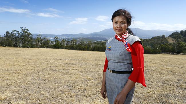 Aran Development Pty Ltd’s Tasmanian representative Sommai Kelly at the site of the proposed eco-resort in Risdon Vale. Picture: MATT THOMPSON