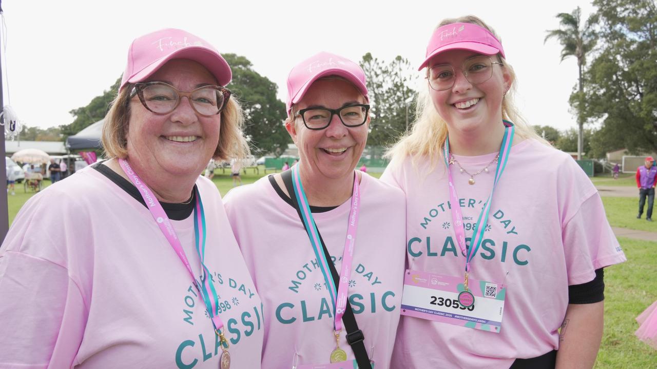 Sindy Locke (left), Karen Luchterhand and Sophie Locke at the Mother's Day Classic Toowoomba fun run at Middle Ridge Park, which raised money for breast and ovarian cancer research.
