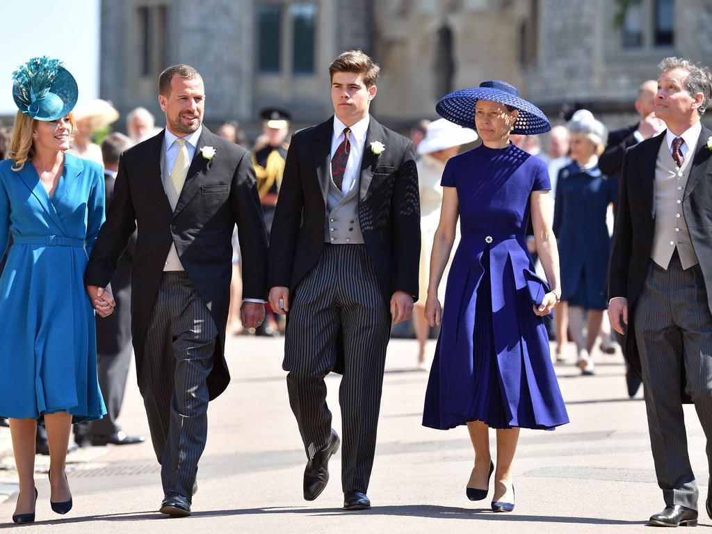Autumn Phillips, Peter Phillips, Arthur Chatto, Lady Sarah Chatto and Daniel Chatto attend the wedding of Prince Harry to Ms Meghan Markle at St George's Chapel, Windsor Castle on May 19, 2018 in Windsor, England. Picture: Getty Images