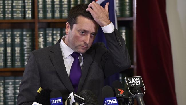 State Opposition Leader Matthew Guy faces the media this afternoon. Picture: Jason Edwards