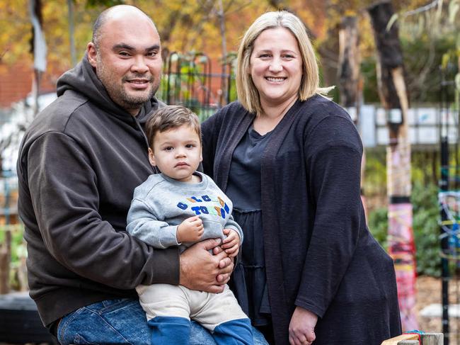 Charlie and Krystal Kimble with son Nate, 1, at the announcement of a significant State Budget commitment to deliver 3-year-old preschool and improve outcomes for children across the state, pictured at Gowrie Preschool, in Thebarton on June 3ed, 2024., Picture: Tom Huntley