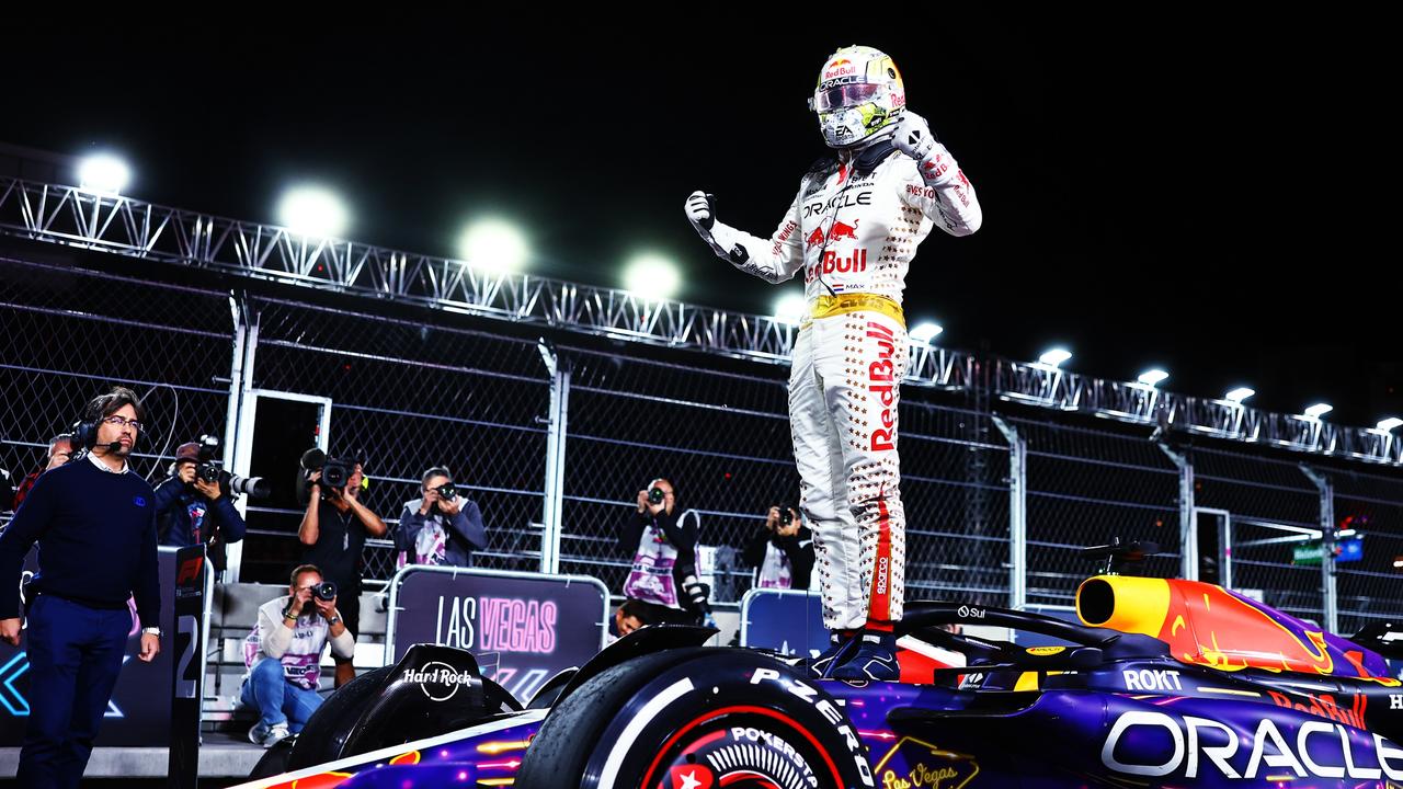 LAS VEGAS, NEVADA – NOVEMBER 18: Race winner Max Verstappen of the Netherlands and Oracle Red Bull Racing celebrates in parc ferme during the F1 Grand Prix of Las Vegas at Las Vegas Strip Circuit on November 18, 2023 in Las Vegas, Nevada. (Photo by Mark Thompson/Getty Images)