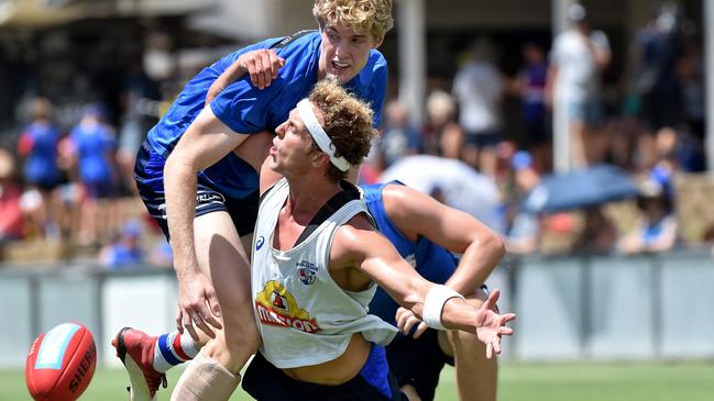 Tim English tackles Mitch Wallis during the Western Bulldogs’ training camp in Mooloolaba.