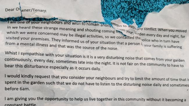 The letter to Ms Quinn from an anonymous neighbour.