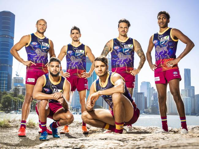 Indigenous Brisbane Lions players in their Indigenous jersey for Sundays Game.Brisbane Lions players Back L-R: Cam Ellis-Yolmen, Charlie Cameron, Allen Christensen and Keidean ColemanFront L-R: - Cedric Cox and Callum Ah Chee pictured at Kangaroo Point.Picture: NIGEL HALLETT