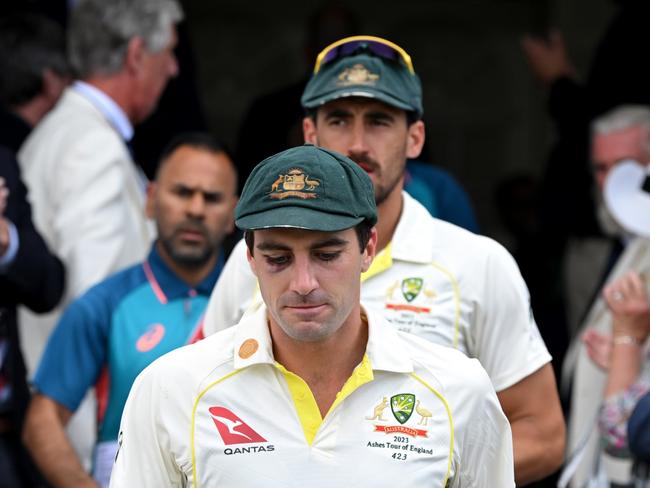LONDON, ENGLAND - JULY 02: Pat Cummins of Australia and Mitchell Starc of Australia walk through the long room to the post match presentation after Day Five of the LV= Insurance Ashes 2nd Test match between England and Australia at Lord's Cricket Ground on July 02, 2023 in London, England. (Photo by Gareth Copley/Getty Images)