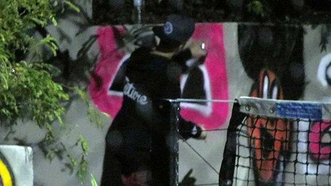 Justin Bieber spray paints a 'PacMan ghost'-style pink cartoon with black teeth and a single black eye as he unwinds after the first Aussie gig on his Believe world tour. Pic: Splash News